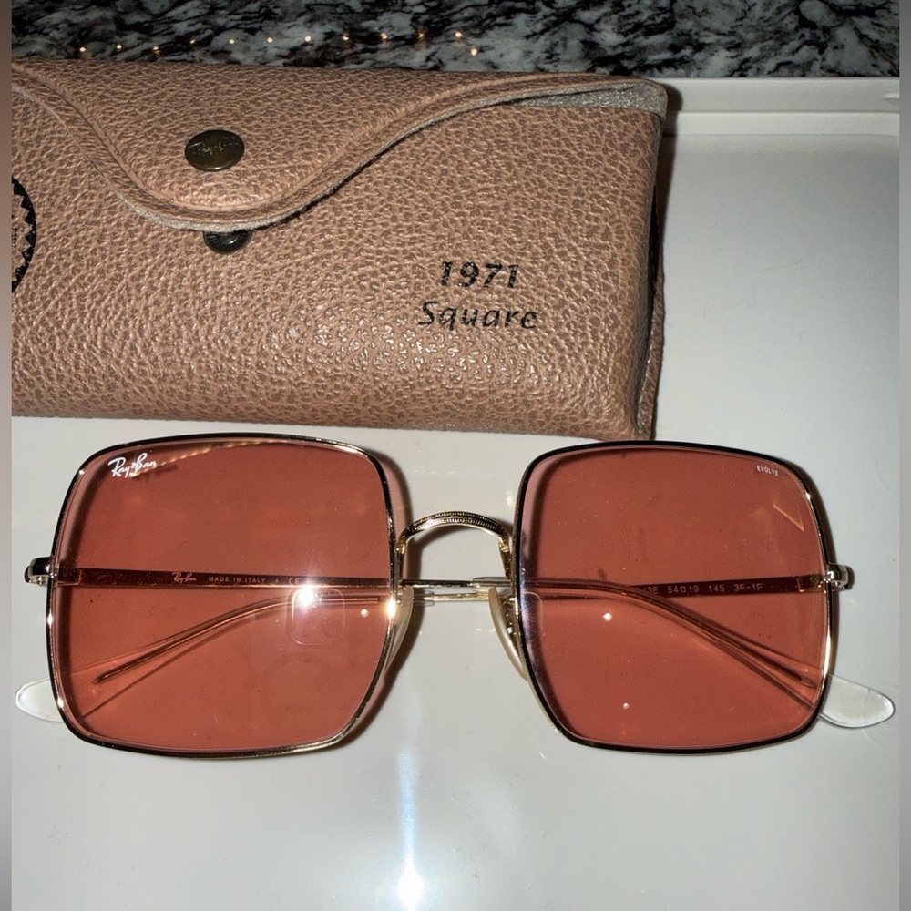 Ray-Ban Square Gold Frame Sunglasses with Rose Lenses